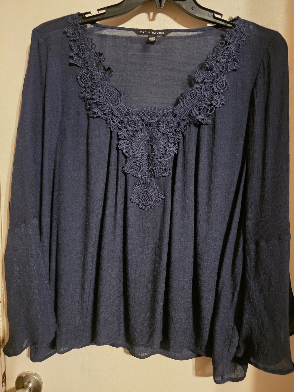 Zac & Rachel Navy Crochet-Trim Long-Sleeve Women's Top, Size Large